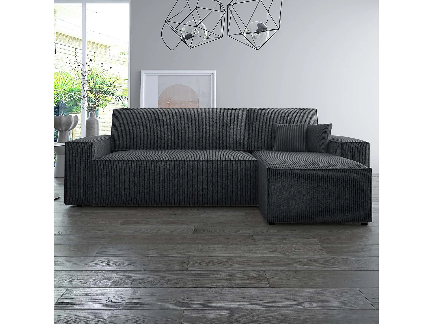 Canapé d'angle convertible réversible Lorenzo en velours côtelé Noir