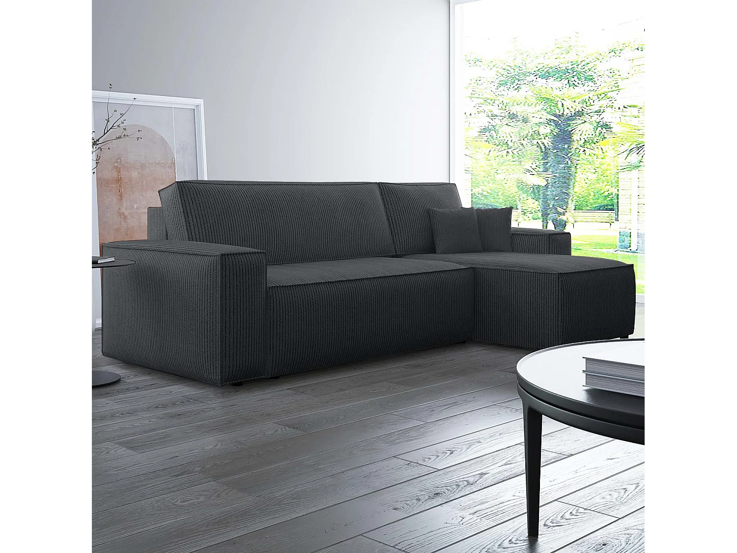 Canapé d'angle convertible réversible Lorenzo en velours côtelé Noir