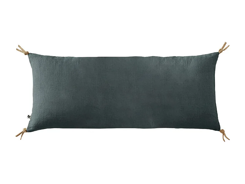 Coussin 55 x 110 cm en lin lavé bleu avec 4 nouettes en jute - LUISA