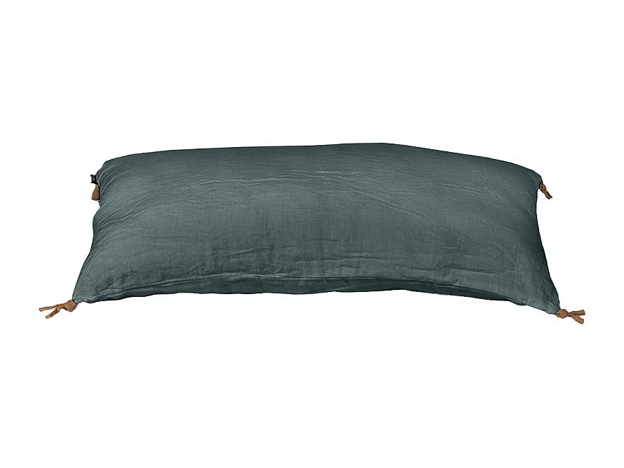 Coussin 55 x 110 cm en lin lavé bleu avec 4 nouettes en jute - LUISA