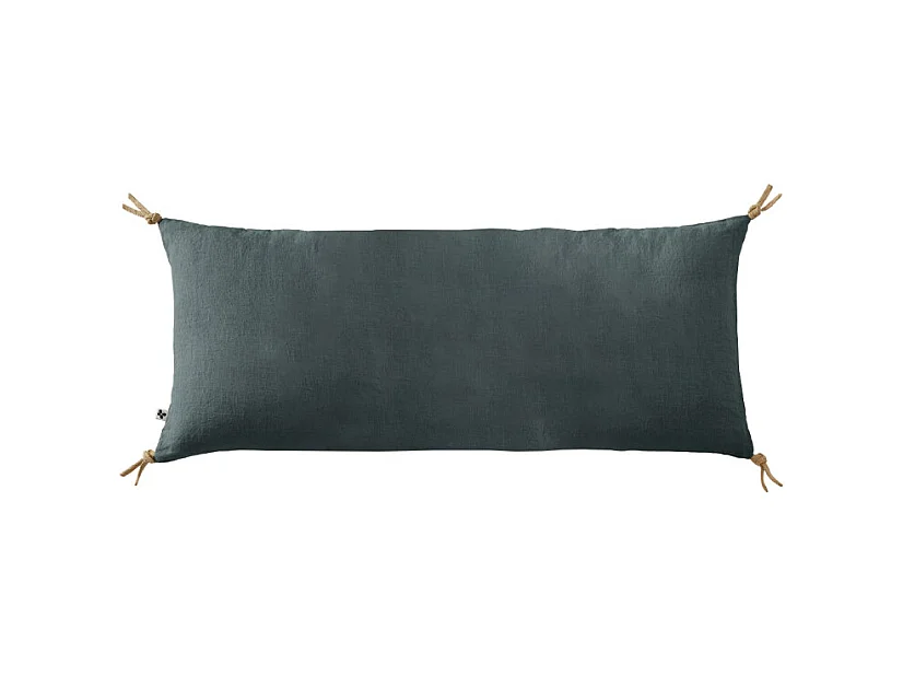 Coussin 55 x 110 cm en lin lavé bleu avec 4 nouettes en jute - LUISA