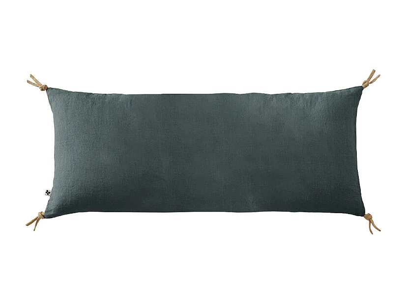 Coussin 55 x 110 cm en lin lavé bleu avec 4 nouettes en jute - LUISA