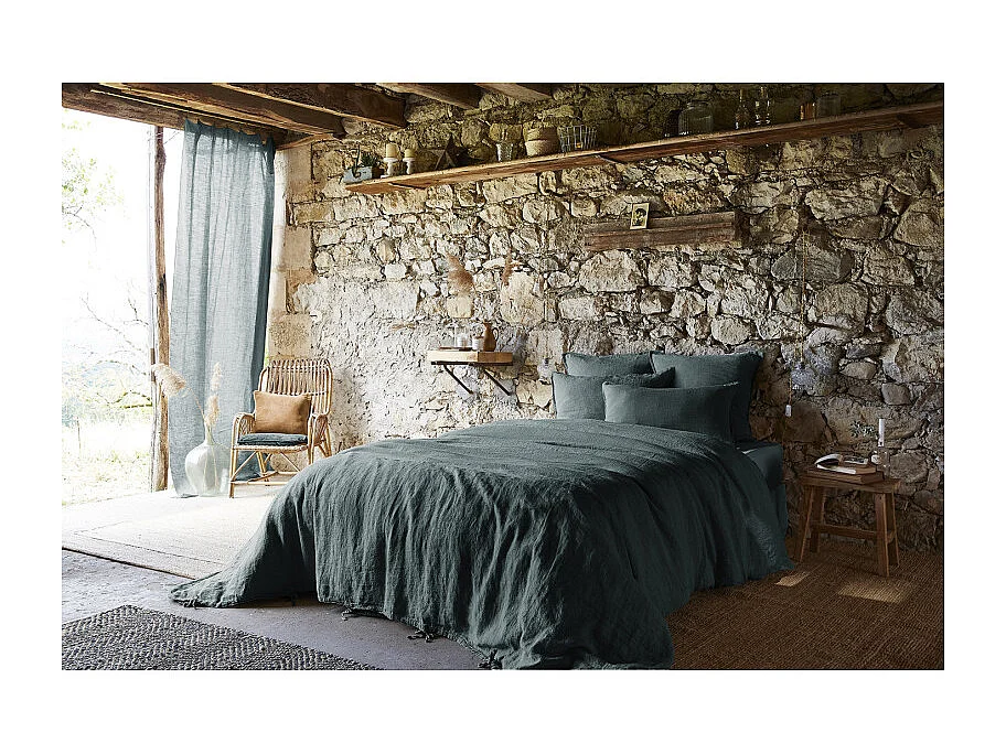 Drap housse 140 x 190 x 30 cm en lin lavé bleu - LUISA