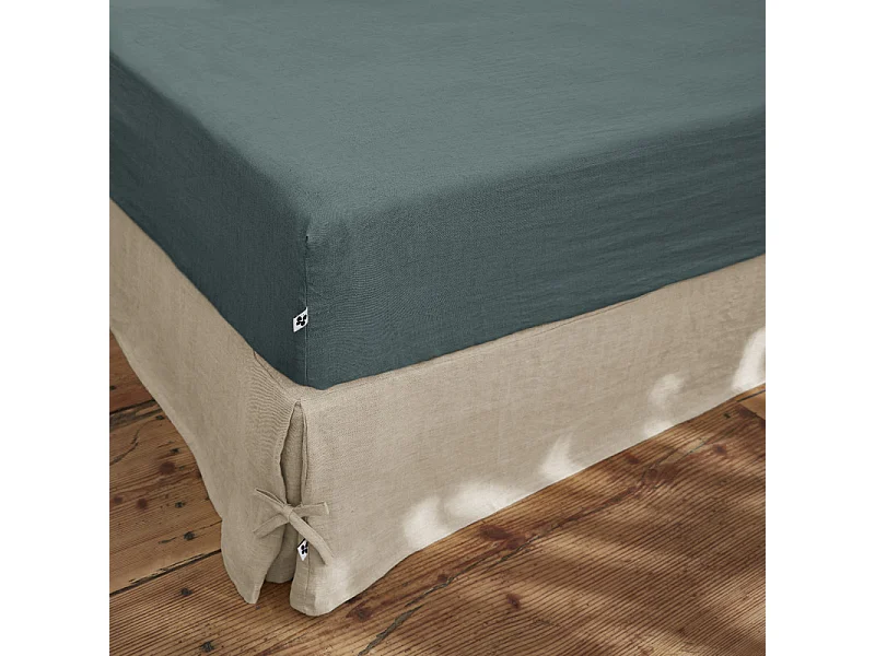 Drap housse 160 x 200 x 30 cm en lin lavé bleu - LUISA