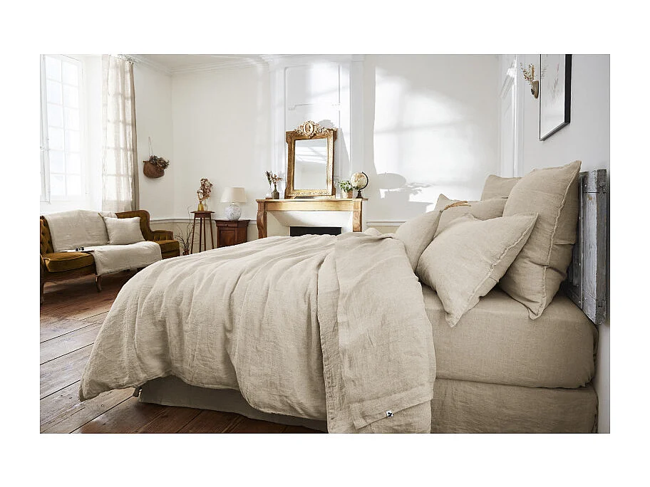 Drap housse 160 x 200 x 30 cm en lin lavé sable - LUISA