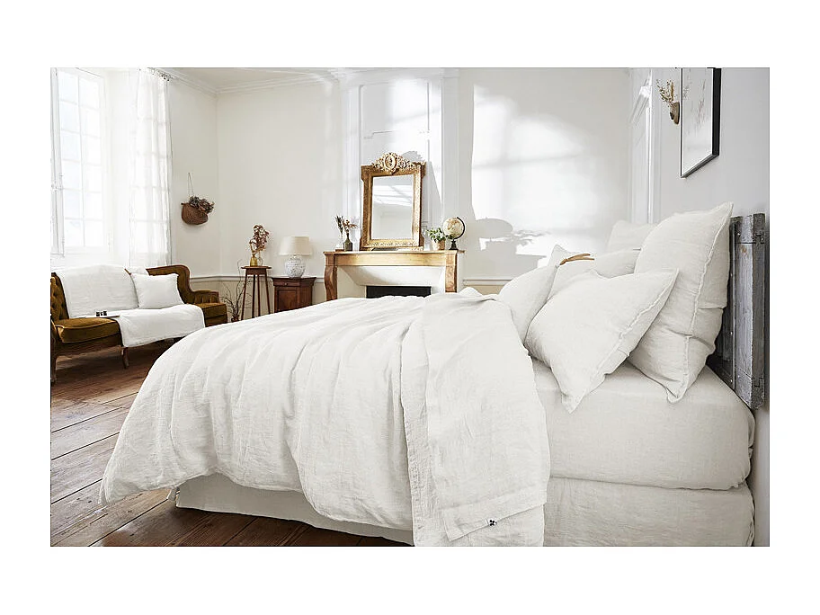 Drap housse 160 x 200 x 30 cm en lin lavé blanc - LUISA