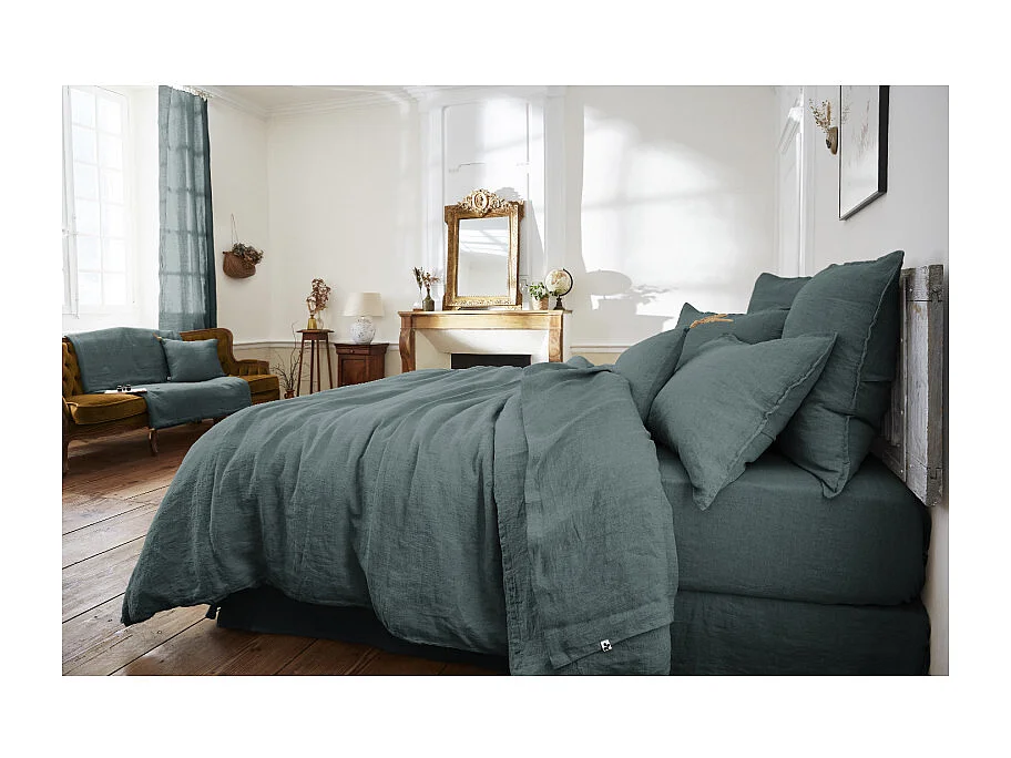 Drap housse 180 x 200 x 30 cm en lin lavé bleu - LUISA