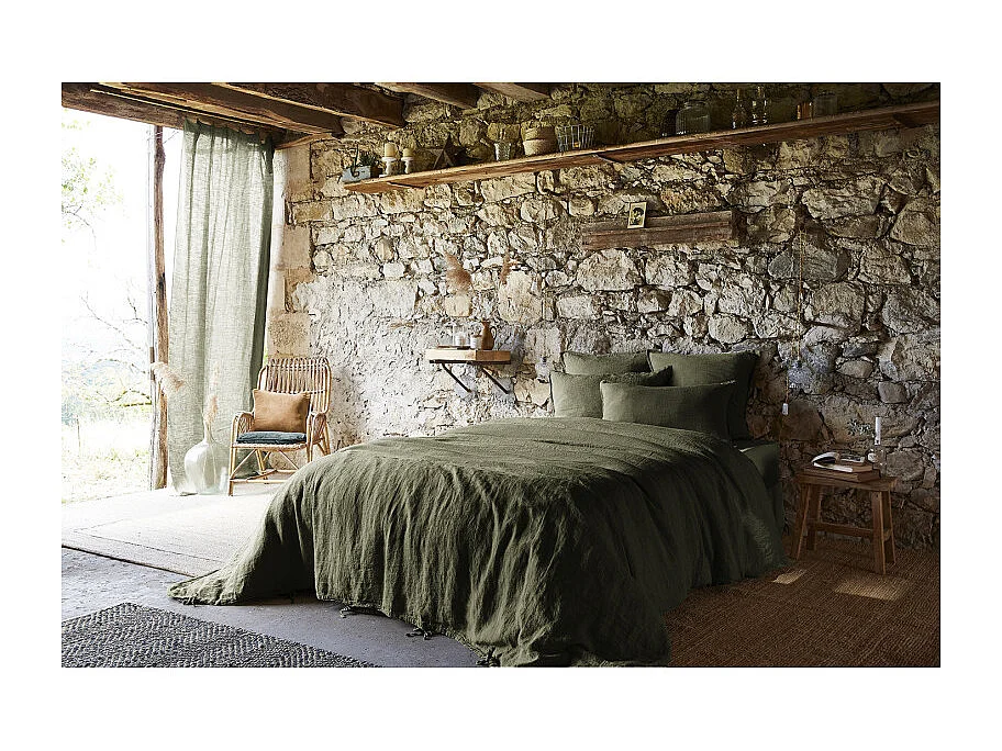 Drap housse 160 x 200 x 30 cm en lin lavé vert - LUISA