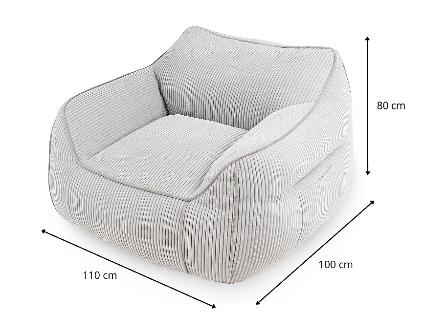 Pouf fauteuil velours côtelé 100x110 cm gris clair