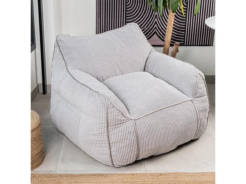 Pouf fauteuil velours côtelé 100x110 cm gris clair