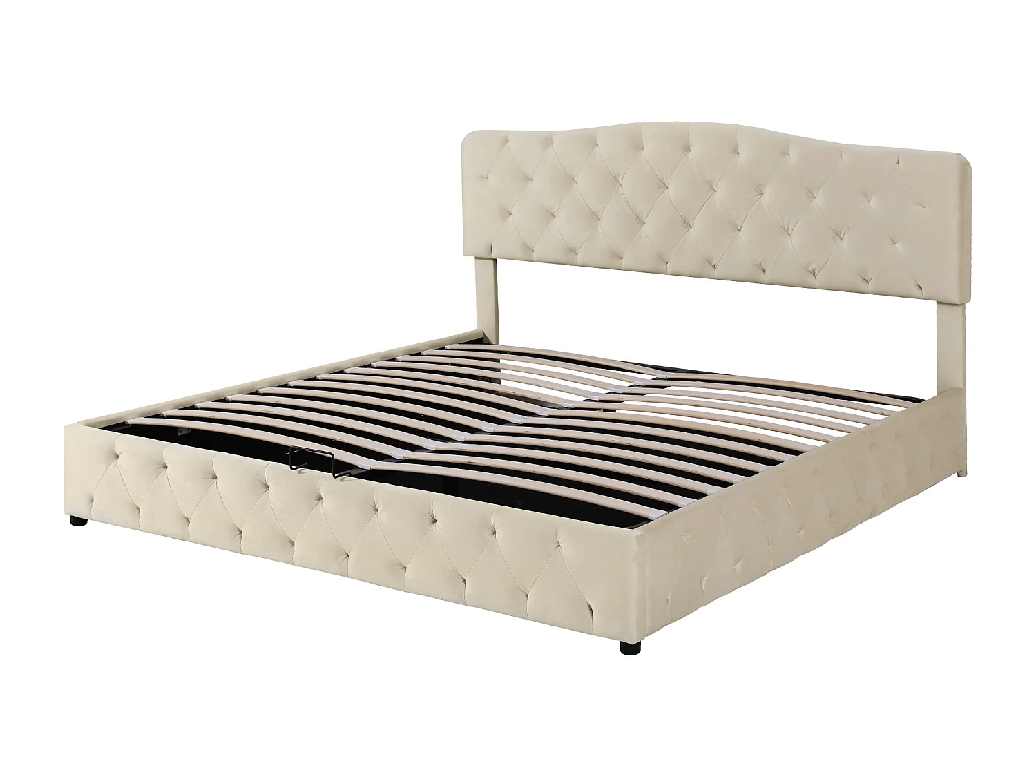 Lit fonctionnel hydraulique rembourré, avec sommier à lattes,tête de lit réglable en hauteur, lit double 180 x200 cm,velours,beige,Sans matelas