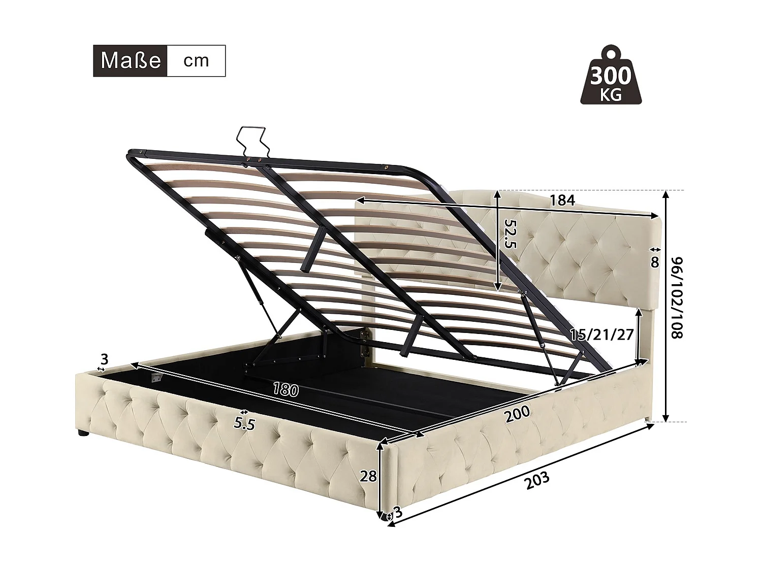 Lit fonctionnel hydraulique rembourré, avec sommier à lattes,tête de lit réglable en hauteur, lit double 180 x200 cm,velours,beige,Sans matelas