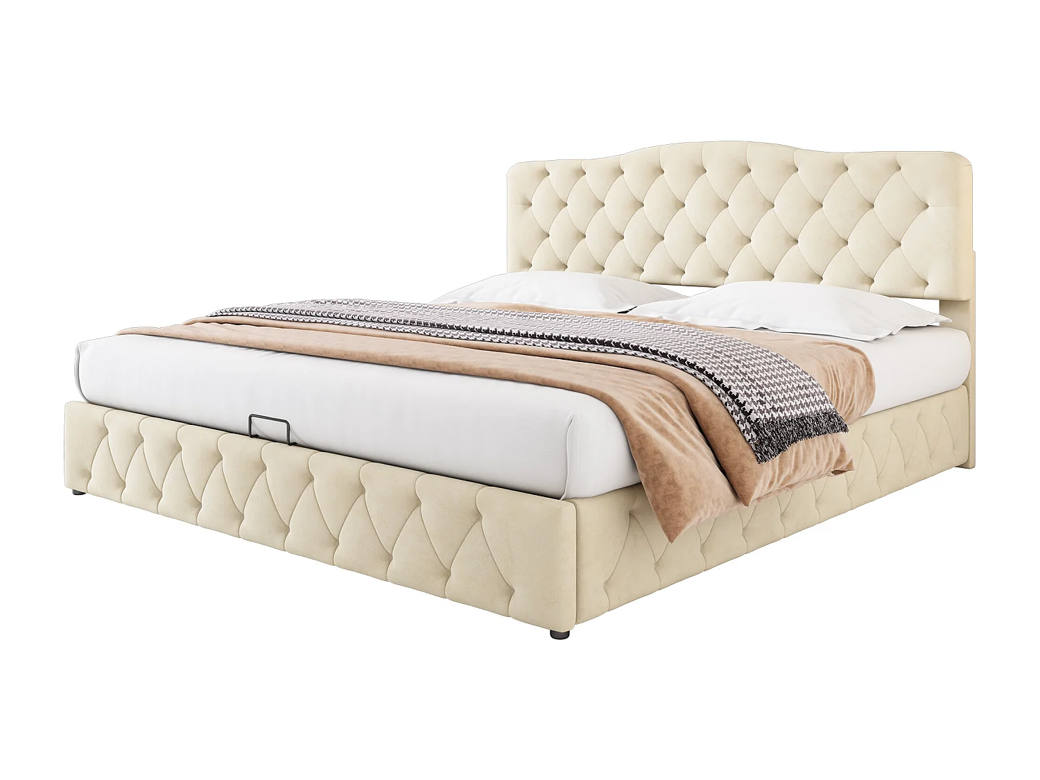 Lit fonctionnel hydraulique rembourré, avec sommier à lattes,tête de lit réglable en hauteur, lit double 180 x200 cm,velours,beige,Sans matelas