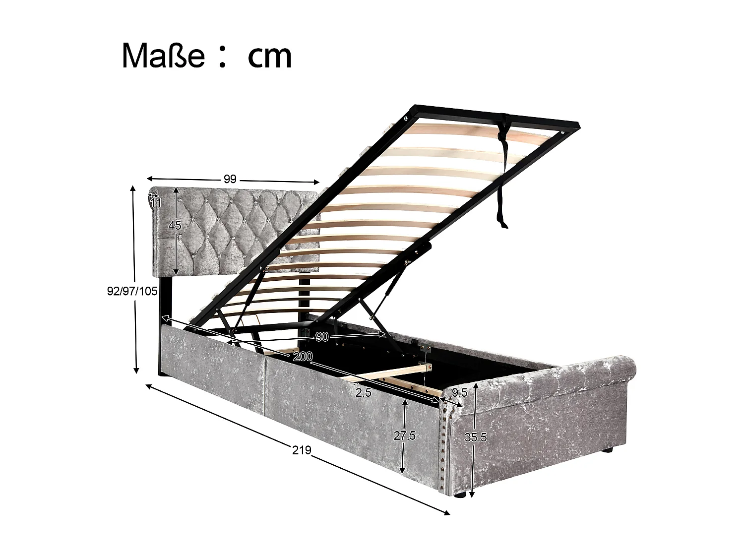 Gestoffeerd bed 90x200cm,hydraulisch functiebed,gestoffeerd bed met in hoogte verstelbaar hoofdeinde,grijs,