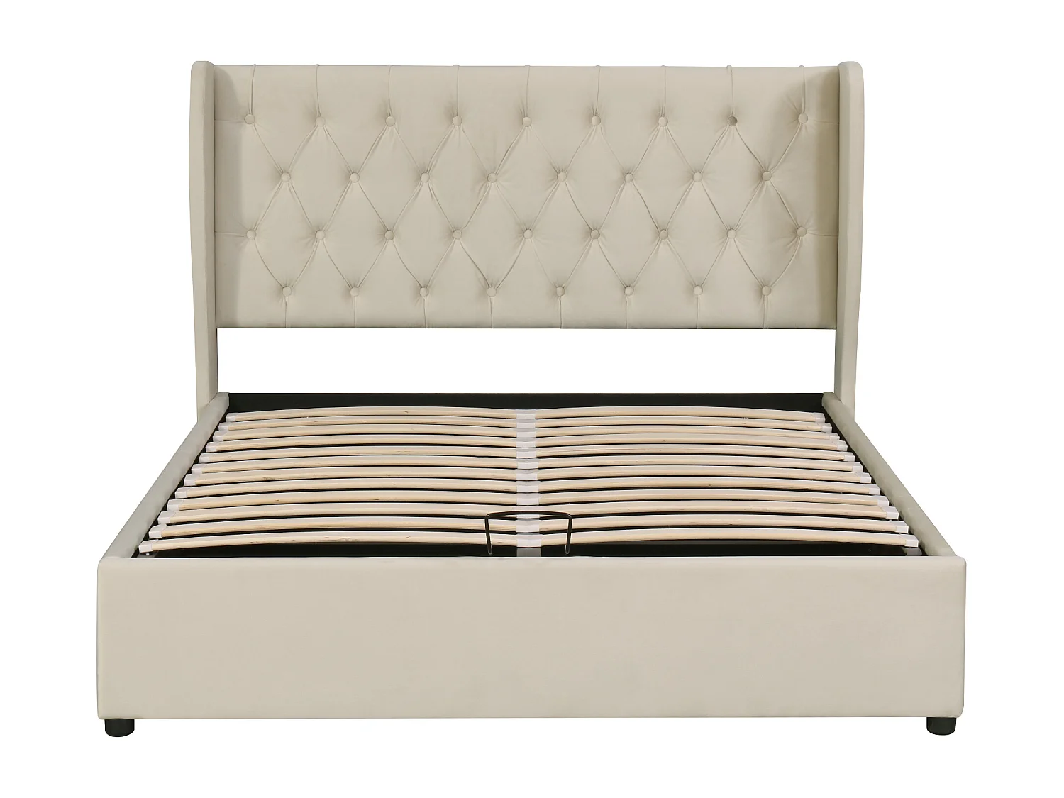 Gestoffeerd bed Hydraulisch functioneel bed met lattenbodem en opbergruimte,oorvorm Fluwelen stof Grote knoopnaden,Tweepersoonsbed 160X200 cm,beige,Zonder matras
