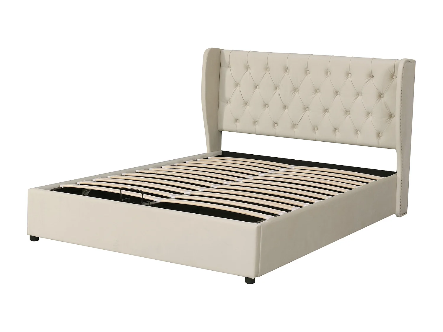 Gestoffeerd bed Hydraulisch functioneel bed met lattenbodem en opbergruimte,oorvorm Fluwelen stof Grote knoopnaden,Tweepersoonsbed 160X200 cm,beige,Zonder matras