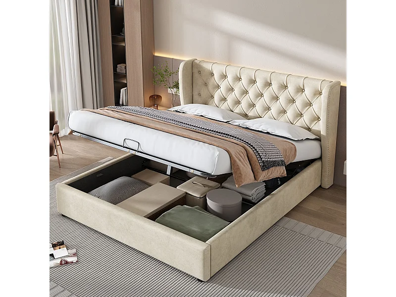 Gestoffeerd bed Hydraulisch functioneel bed met lattenbodem en opbergruimte,oorvorm Fluwelen stof Grote knoopnaden,Tweepersoonsbed 160X200 cm,beige,Zonder matras