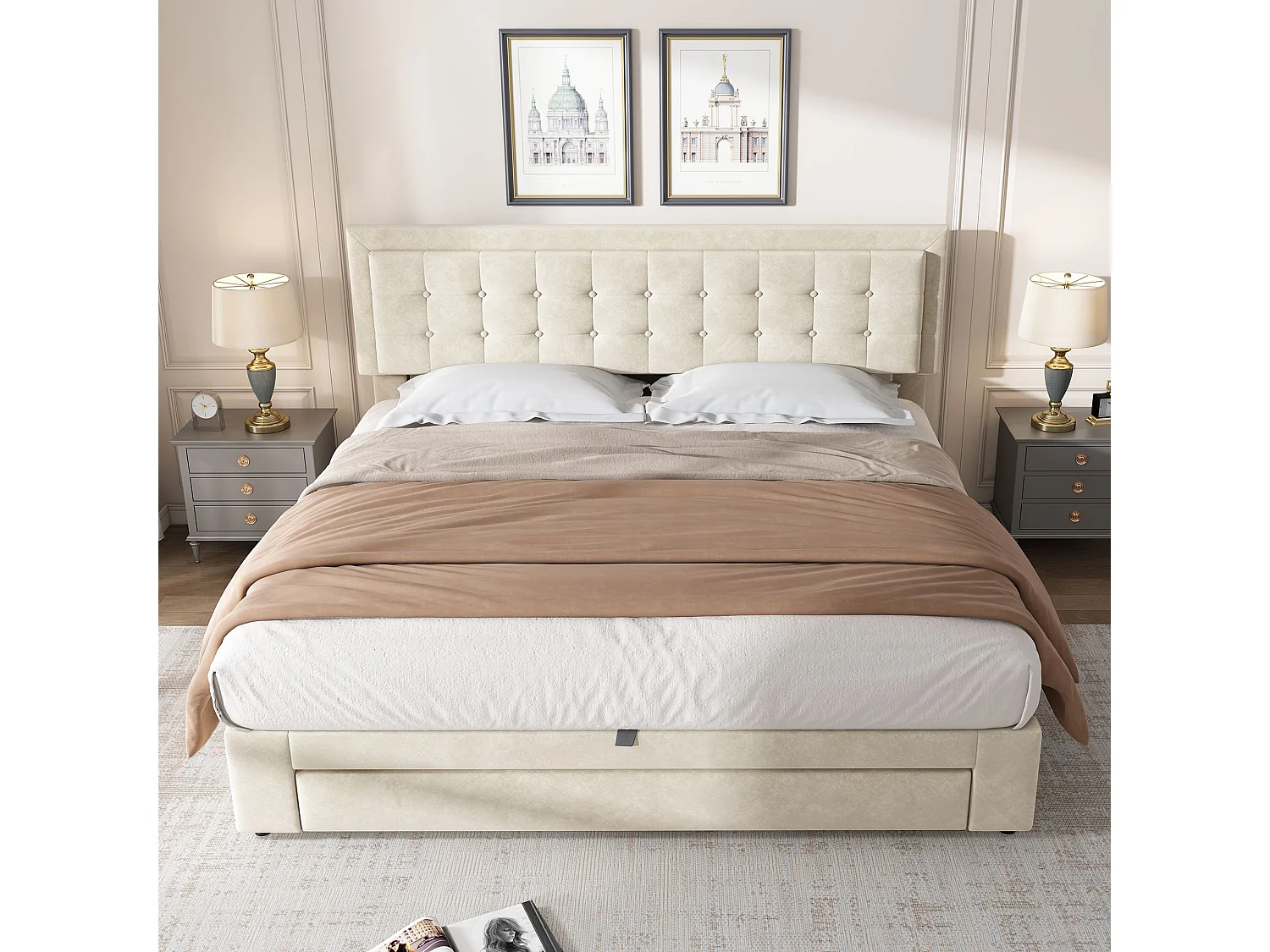 Lit rembourré avec sommier à lattes et tête de lit, lit de rangement, hydraulique, avec 2 tiroirs, support de lattes en bois,180x200 cm,beige,Sans matelas