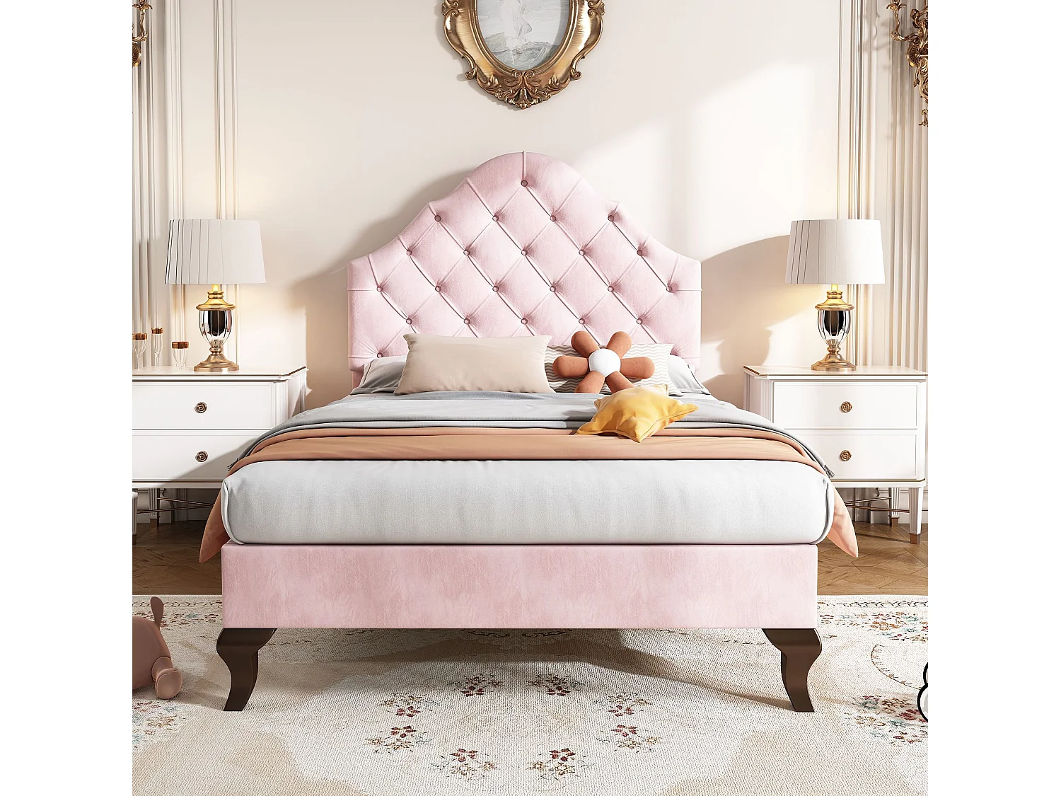 Lit Tapissé avec Sommier à Latte et Tête de Lit,Lit Jeune avec Tête de Lit Réglable en Hauteur,Lit Simple 90x200 cm,Velours Rose,Sans Matelas