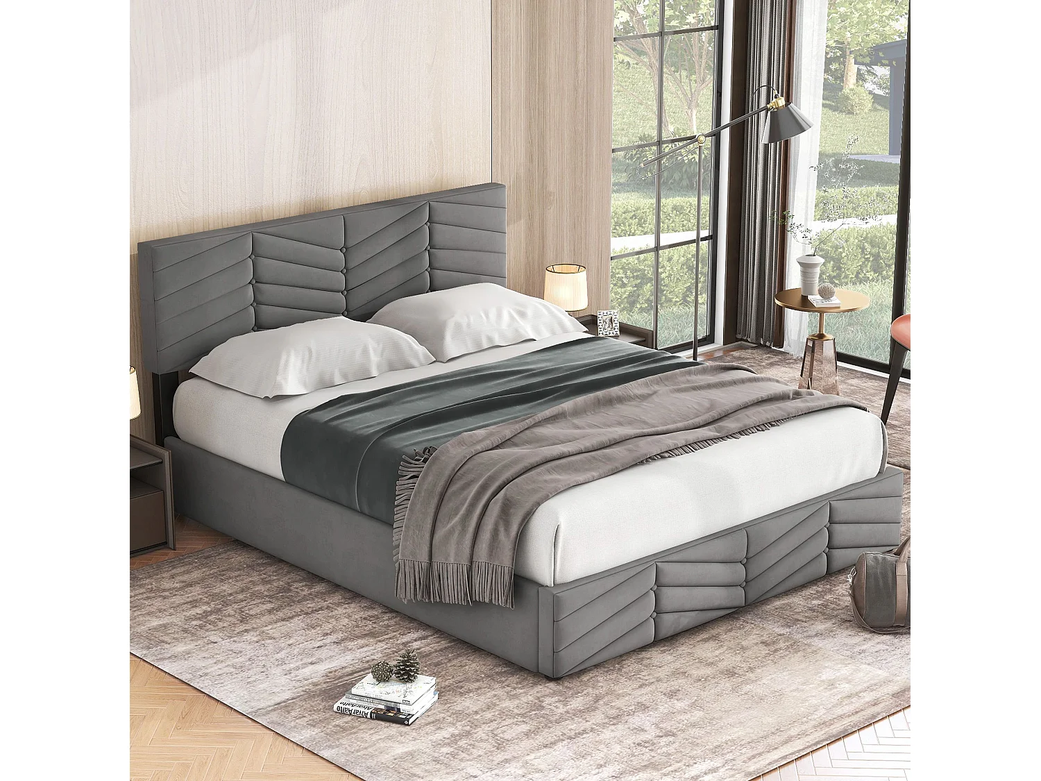 Gestoffeerd bed opbergbed jeugdbed met hydraulische bedopbergvakken, in hoogte verstelbaar hoofdbord, tweepersoonsbed 140 x 190, grijs, zonder matras