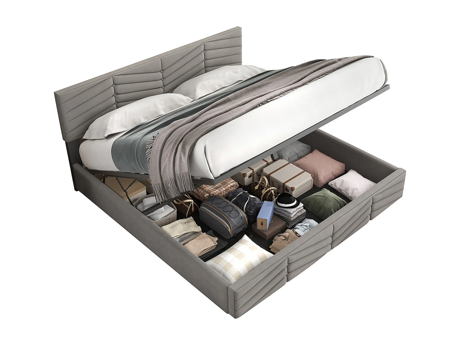 Gestoffeerd bed opbergbed jeugdbed met hydraulische bedopbergvakken, in hoogte verstelbaar hoofdbord, tweepersoonsbed 140 x 190, grijs, zonder matras