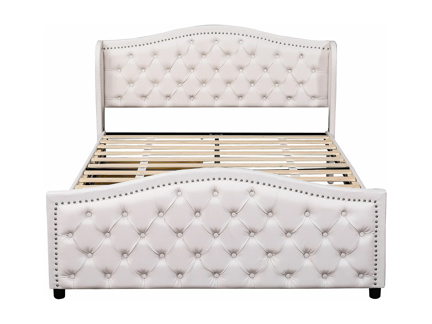 Gestoffeerd bed met lattenbodem en hoofdeinde,Extra bed voor tieners,2 laden en hoofdeinde met verankeringsnagels,houten lattensteun,140 x 200 cm,Wit,Zonder matras