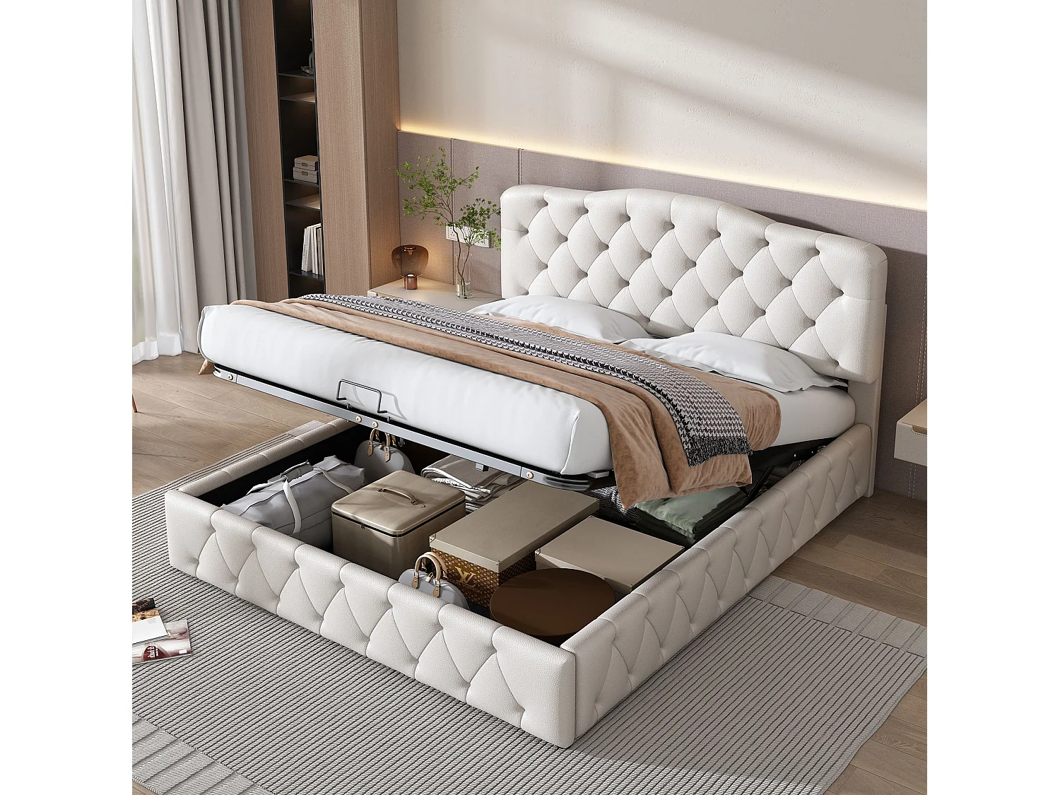 Lit rembourré fonctionnel hydraulique, avec sommier à lattes,tête de lit réglable en hauteur, lit double 140 x200 cm,PU,Blanc,Sans matelas