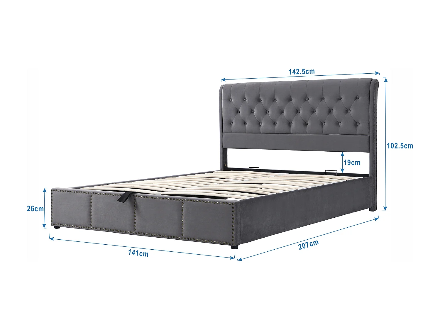 Lit rembourré, avec levier hydraulique, lit fonctionnel de rangement, orné de rivets, 140 x 200 cm, sans matelas, velours, gris