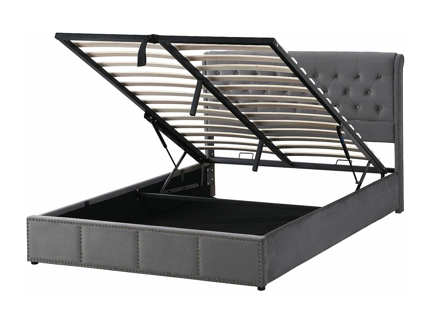 Lit rembourré, avec levier hydraulique, lit fonctionnel de rangement, orné de rivets, 140 x 200 cm, sans matelas, velours, gris