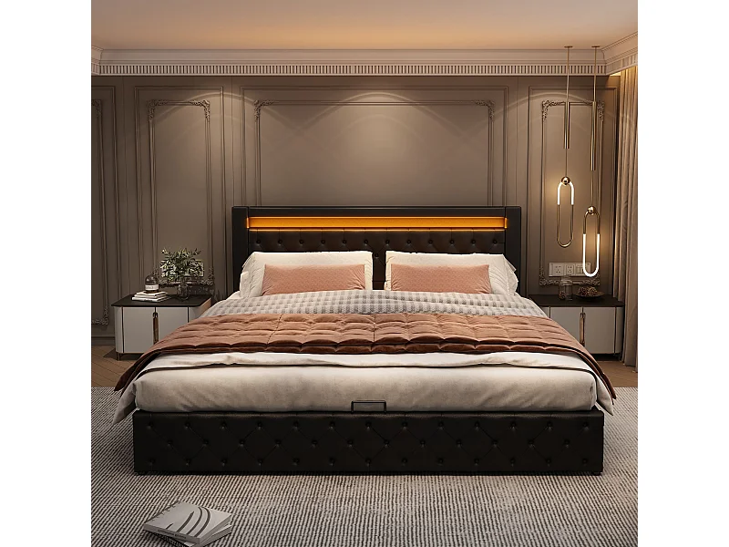 Lit rembourré Lit fonctionnel avec sommier à lattes et espace de rangement, avec éclairage LED, avec fonction de rangement,140 x 200 cm,PU,noir,Sans matelas