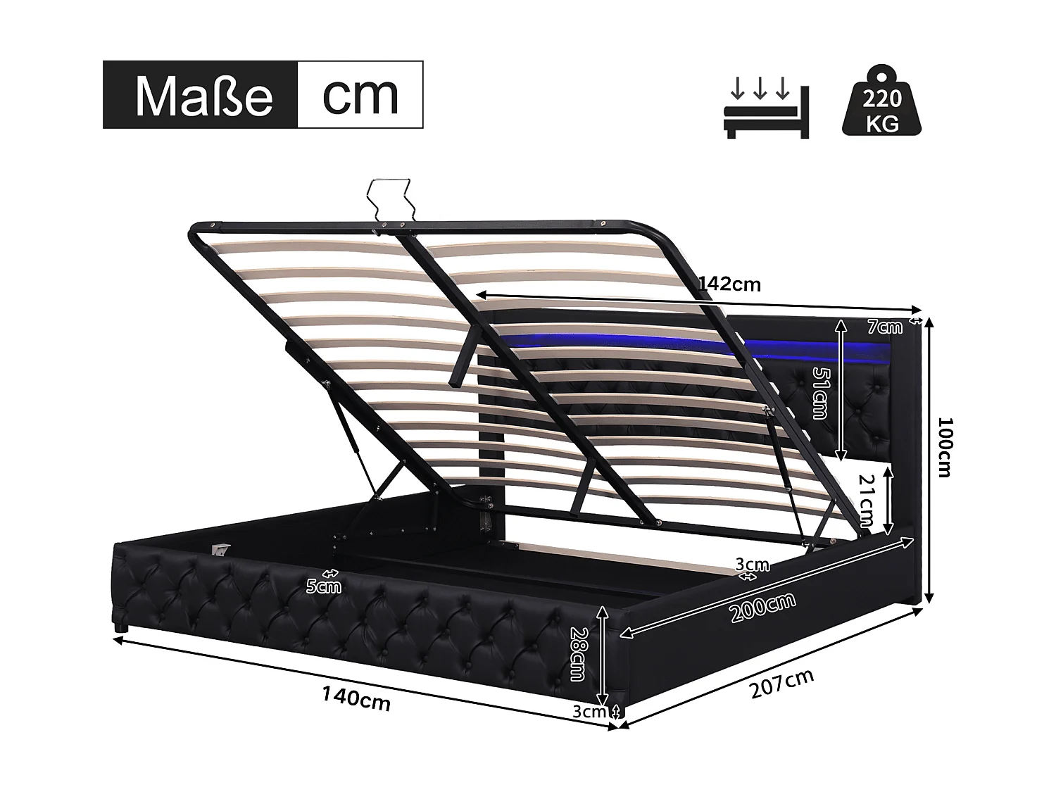Lit rembourré Lit fonctionnel avec sommier à lattes et espace de rangement, avec éclairage LED, avec fonction de rangement,140 x 200 cm,PU,noir,Sans matelas