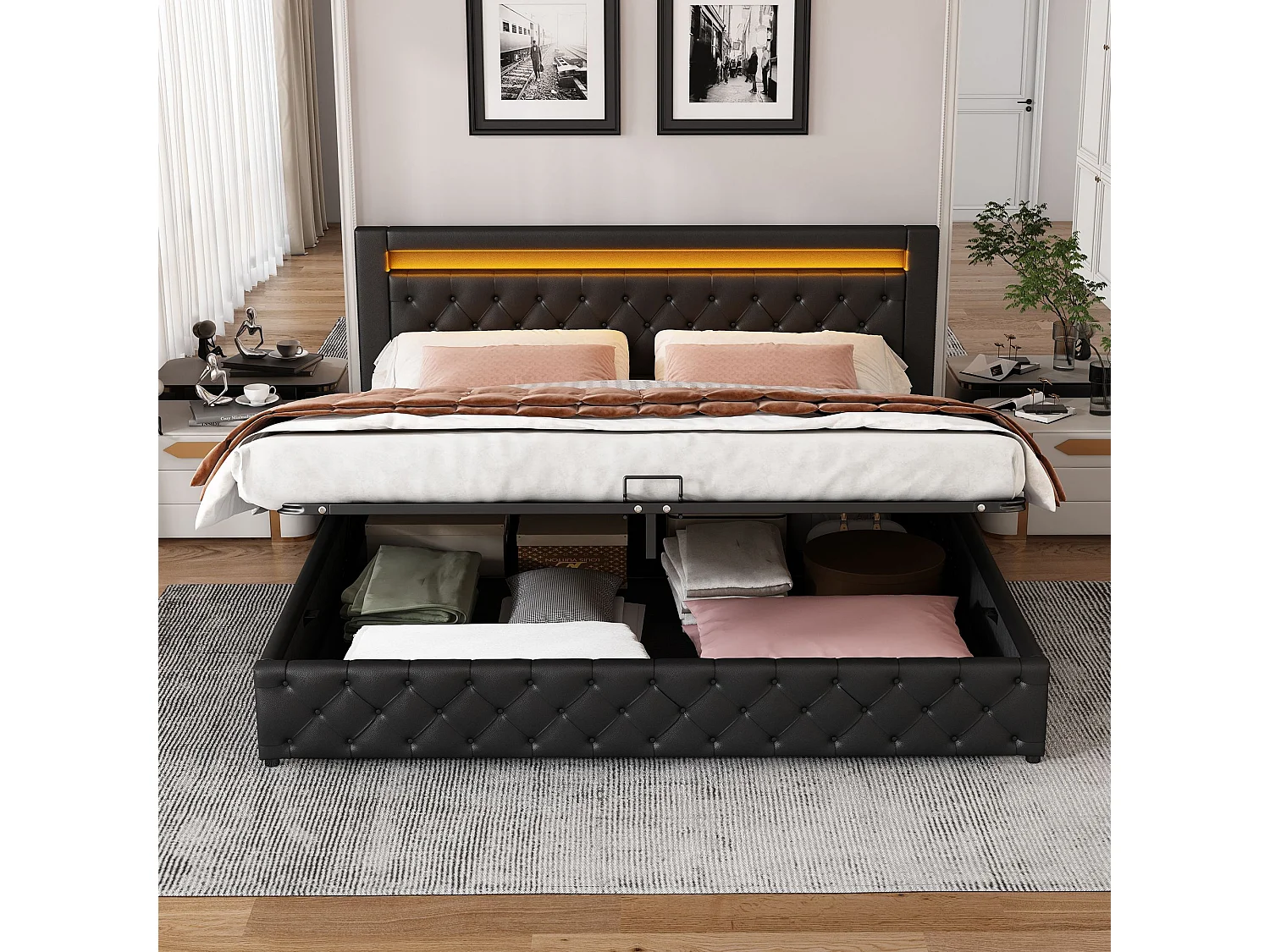 Lit rembourré Lit fonctionnel avec sommier à lattes et espace de rangement, avec éclairage LED, avec fonction de rangement,140 x 200 cm,PU,noir,Sans matelas