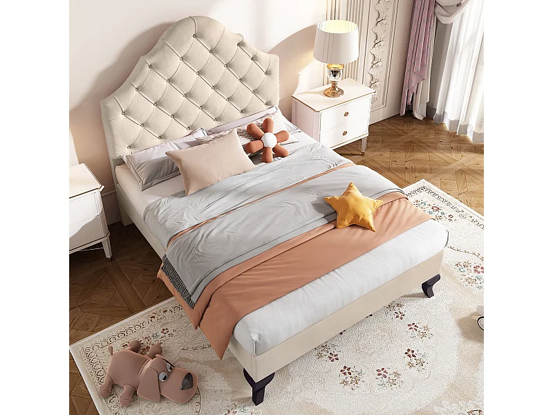 Lit Tapissé avec Sommier à Lattes et Tête de Lit,Lit Jeune avec Tête de Lit Réglable en Hauteur,Lit Simple 90x200 cm,Velours, Beige,Sans Matelas