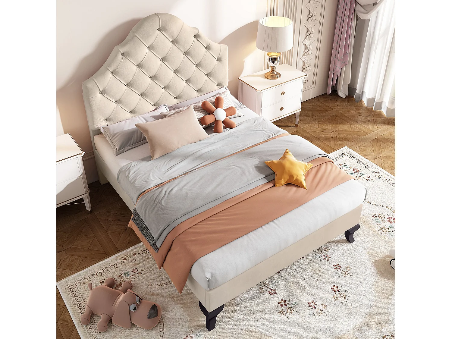 Lit Tapissé avec Sommier à Lattes et Tête de Lit,Lit Jeune avec Tête de Lit Réglable en Hauteur,Lit Simple 90x200 cm,Velours, Beige,Sans Matelas