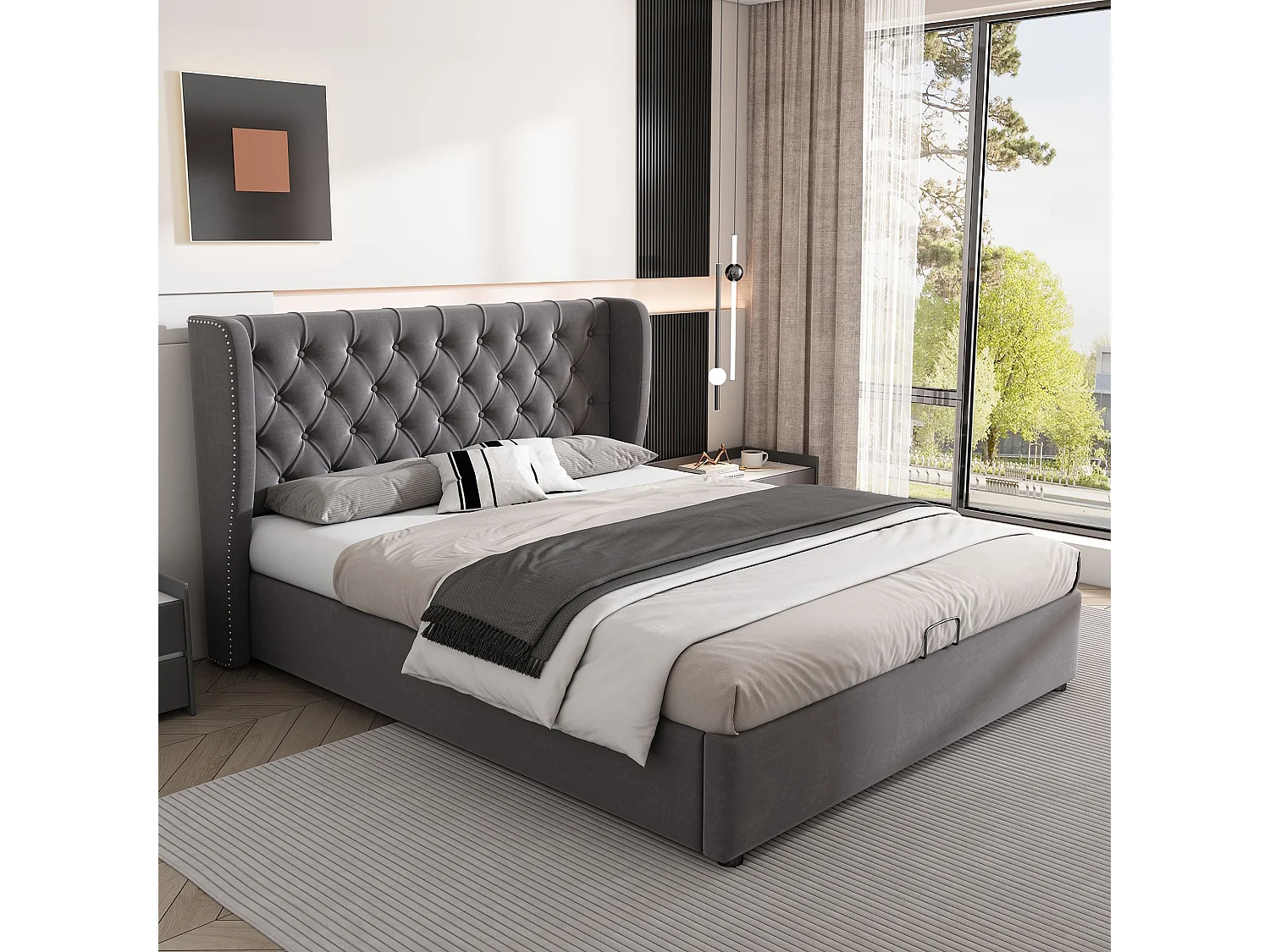 Gestoffeerd bed Hydraulisch functioneel bed met lattenbodem en opbergruimte,Oorvorm Velours stof Grote knoopnaden,Tweepersoonsbed 140X190 cm,Grijs,Zonder matras