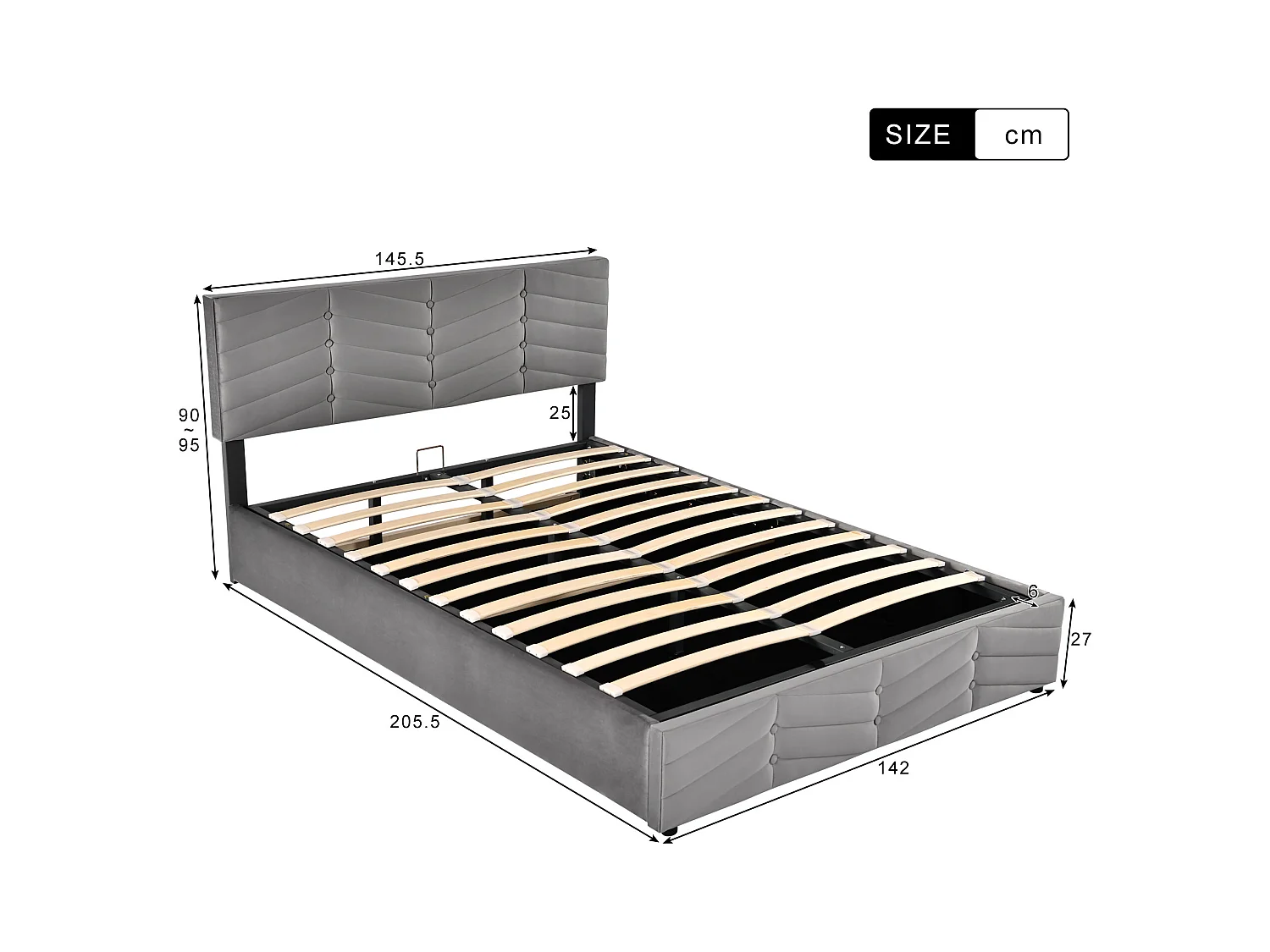 Gestoffeerd bed Opbergbed voor tieners met hydraulische opbergvakken,in hoogte verstelbaar hoofdeinde,tweepersoonsbed 140 x 200 cm,grijs,zonder matras