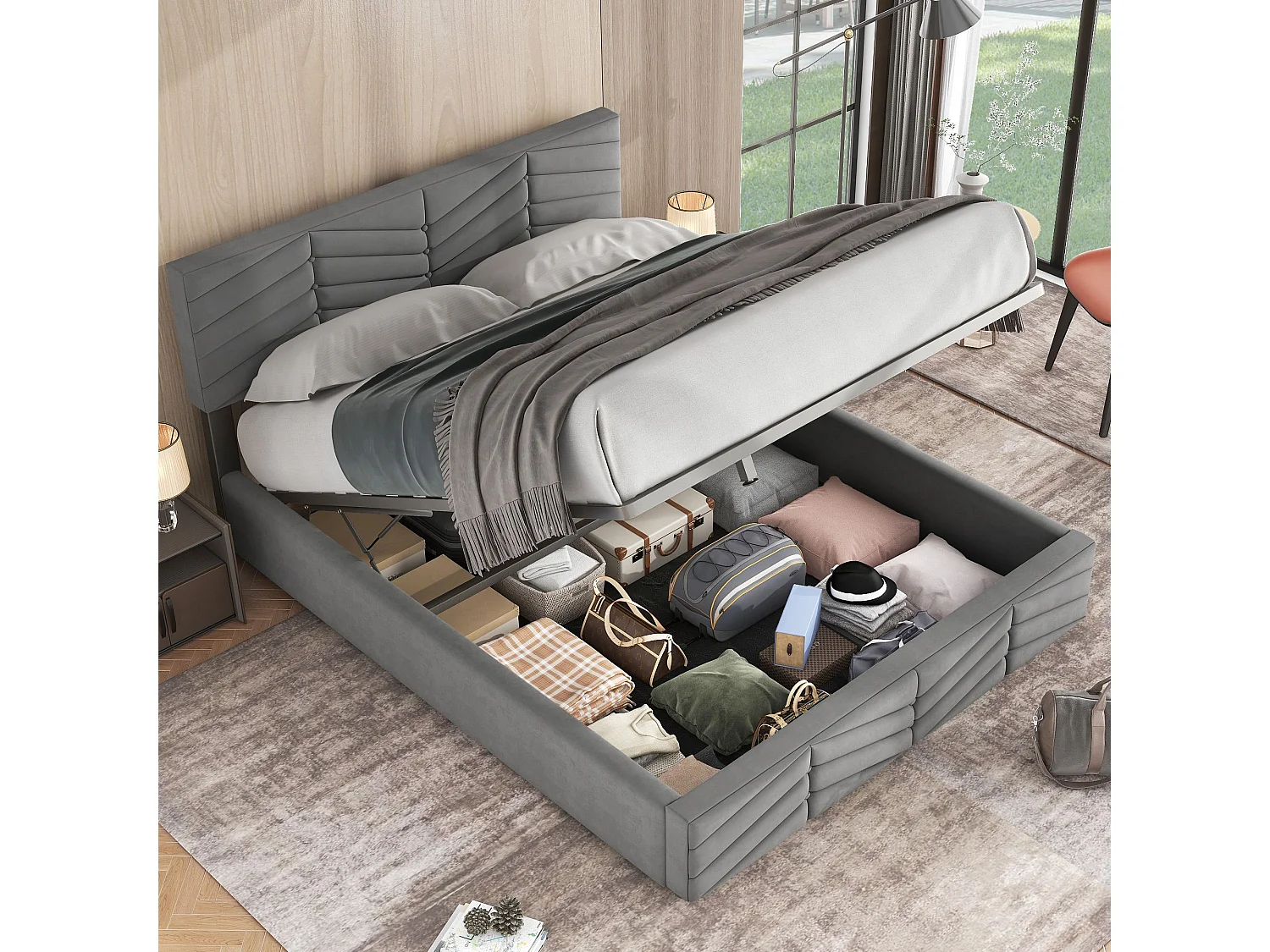 Gestoffeerd bed Opbergbed voor tieners met hydraulische opbergvakken,in hoogte verstelbaar hoofdeinde,tweepersoonsbed 140 x 200 cm,grijs,zonder matras