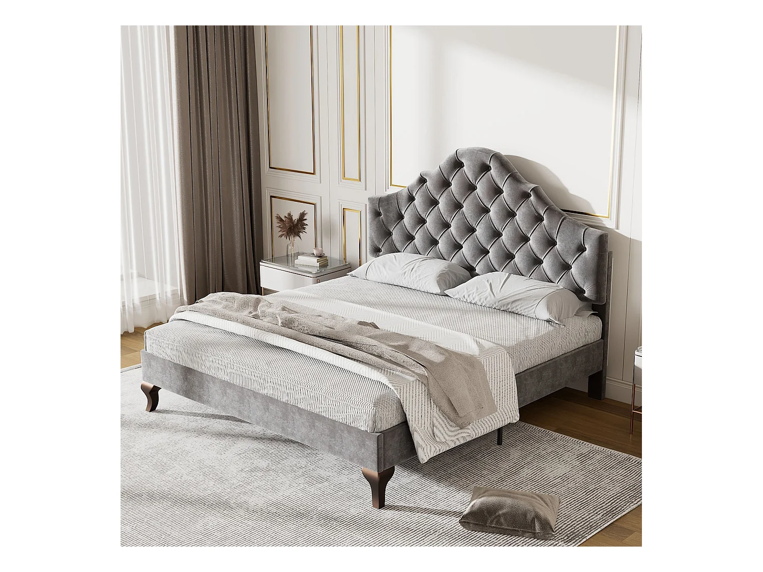 Lit Tapissé avec Sommier à Lattes et Tête de Lit,Lit Jeune avec Tête de Lit Réglable en Hauteur,Lit Simple 90x200 cm,Velours, Gris,Sans Matelas