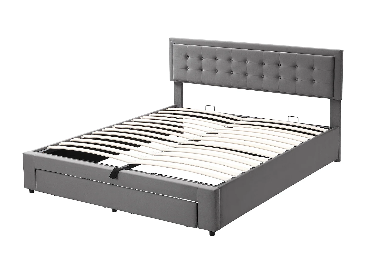 Lit rembourré avec sommier à lattes et tête de lit, Lit de rangement, Hydraulique, avec 2 tiroirs, support de lattes en bois,180x200 cm,Gris,Sans matelas