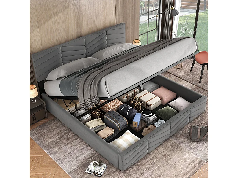 Gestoffeerd bed Opbergbed voor tieners met hydraulische opbergvakken,in hoogte verstelbaar hoofdbord,tweepersoonsbed 160 x 200 cm,grijs,zonder matras