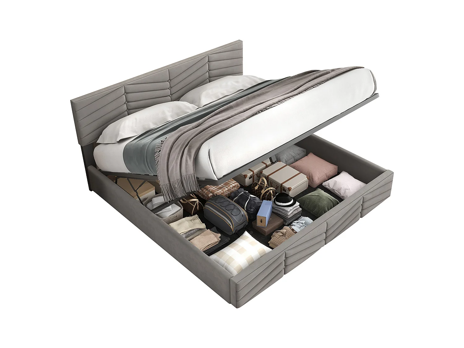 Gestoffeerd bed Opbergbed voor tieners met hydraulische opbergvakken,in hoogte verstelbaar hoofdbord,tweepersoonsbed 160 x 200 cm,grijs,zonder matras