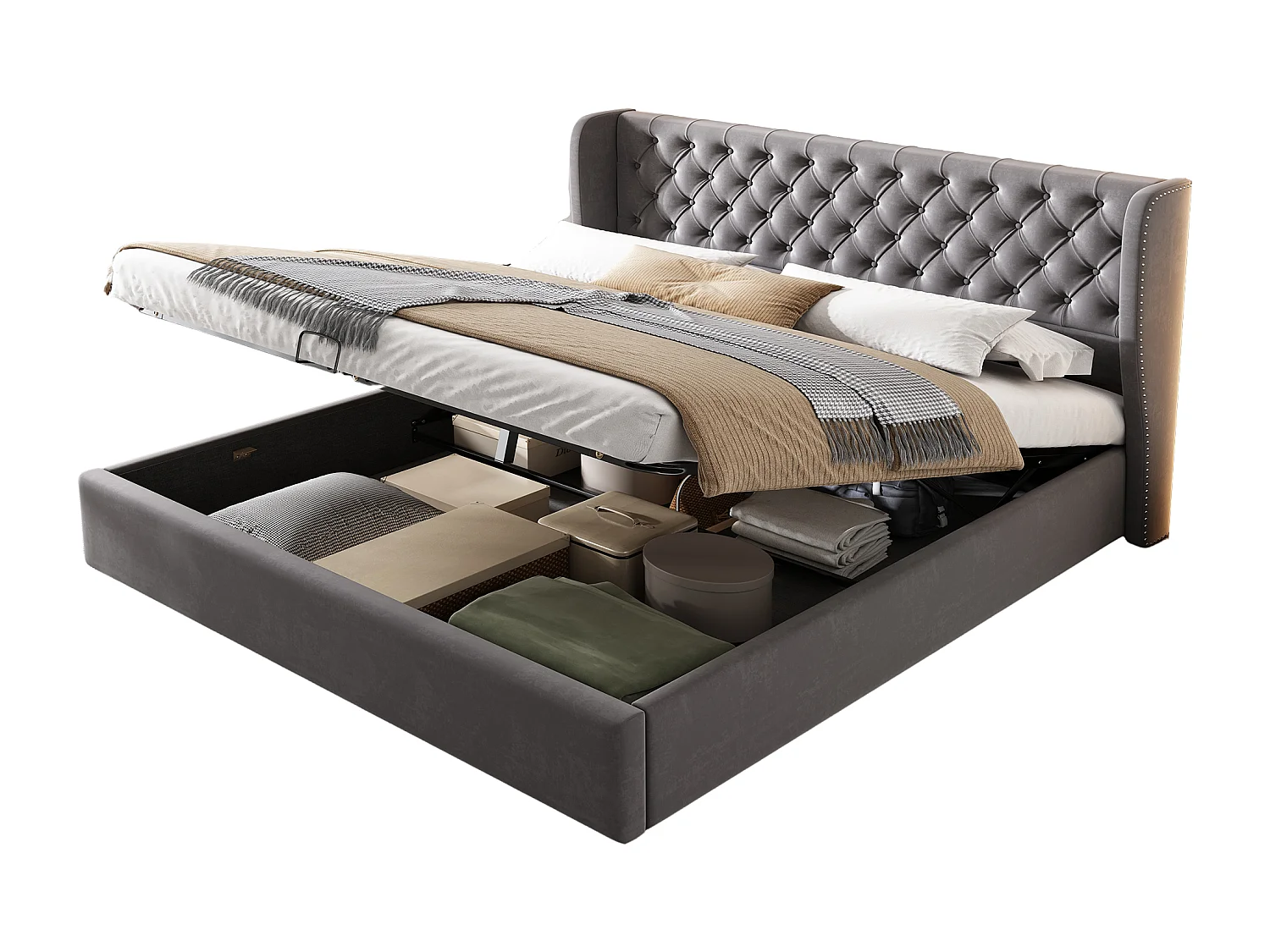 Gestoffeerd bed Hydraulisch functioneel bed met lattenbodem en opbergruimte,oorvorm Fluwelen stof Grote knoopnaden,Tweepersoonsbed 160X200 cm,Grijs,Zonder matras