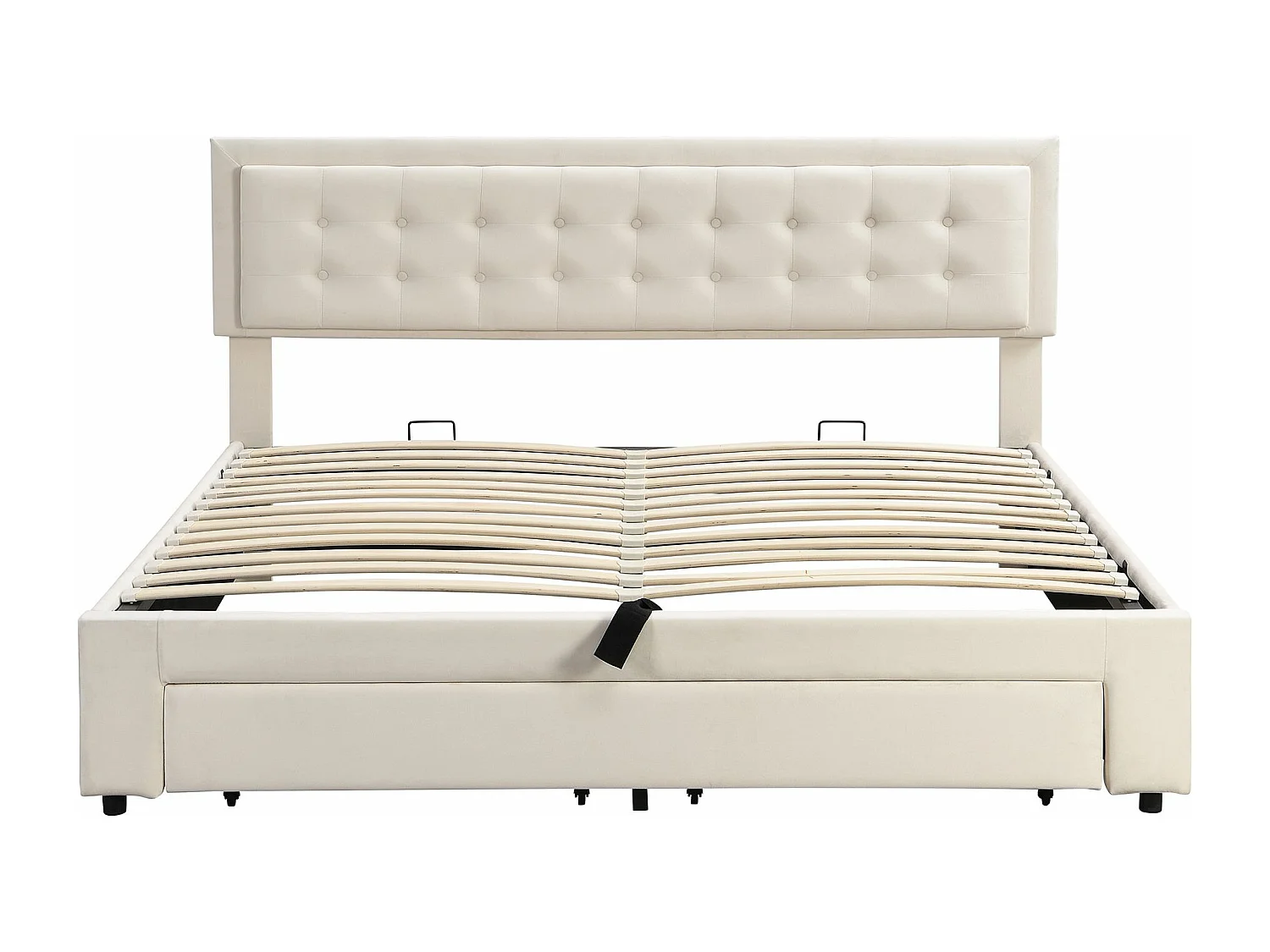 Lit rembourré avec sommier à lattes et tête de lit, Lit de rangement, Hydraulique, avec 2 tiroirs, support de lattes en bois,160x200 cm,beige,Sans matelas