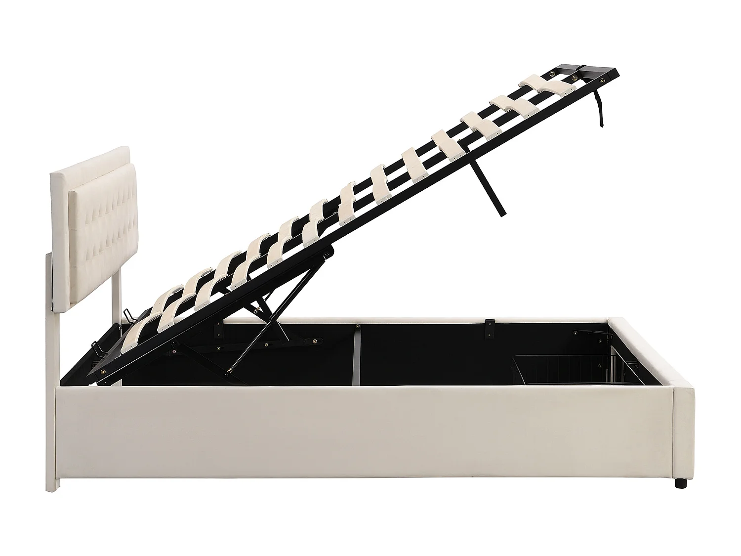 Lit rembourré avec sommier à lattes et tête de lit, Lit de rangement, Hydraulique, avec 2 tiroirs, support de lattes en bois,160x200 cm,beige,Sans matelas