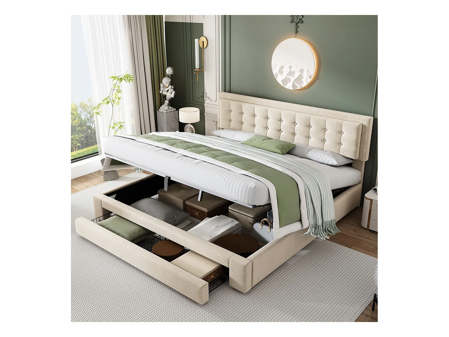 Lit rembourré avec sommier à lattes et tête de lit, Lit de rangement, Hydraulique, avec 2 tiroirs, support de lattes en bois,160x200 cm,beige,Sans matelas