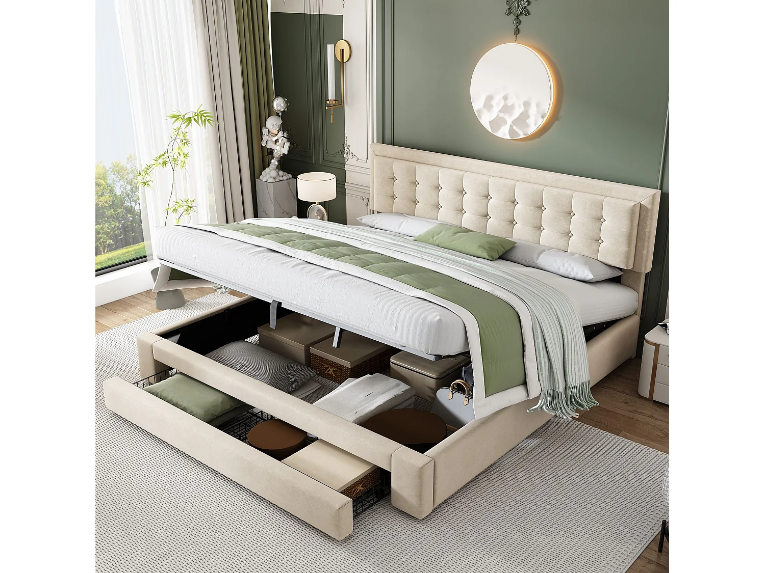 Lit rembourré avec sommier à lattes et tête de lit, Lit de rangement, Hydraulique, avec 2 tiroirs, support de lattes en bois,160x200 cm,beige,Sans matelas