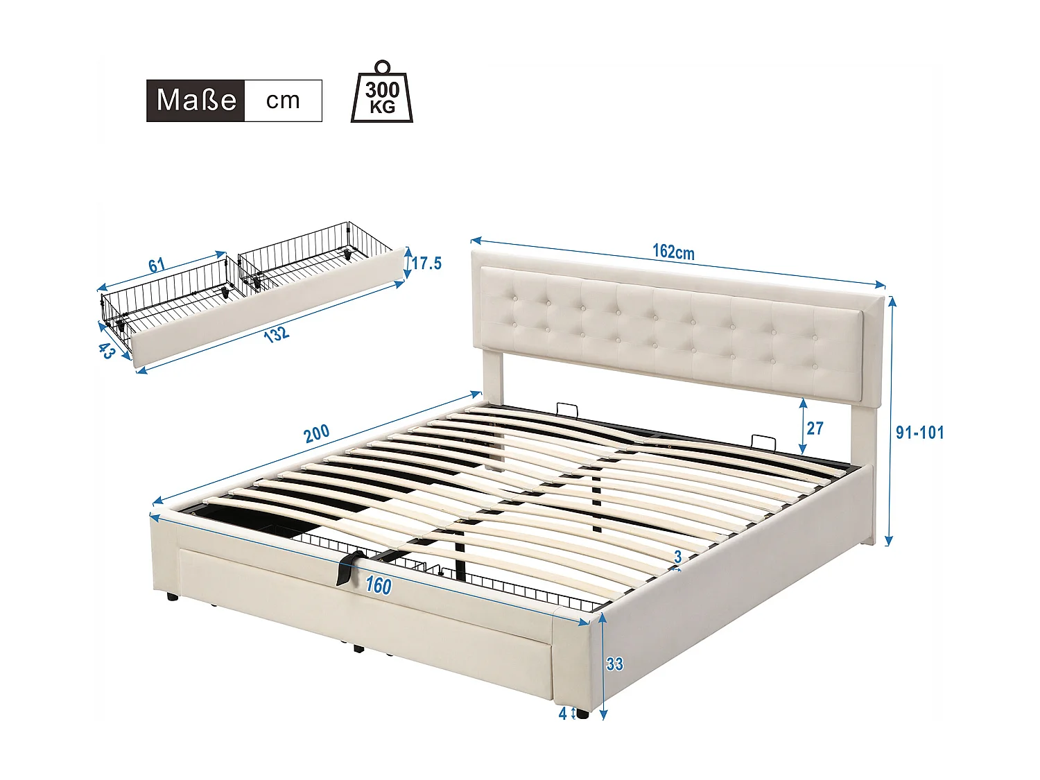 Lit rembourré avec sommier à lattes et tête de lit, Lit de rangement, Hydraulique, avec 2 tiroirs, support de lattes en bois,160x200 cm,beige,Sans matelas