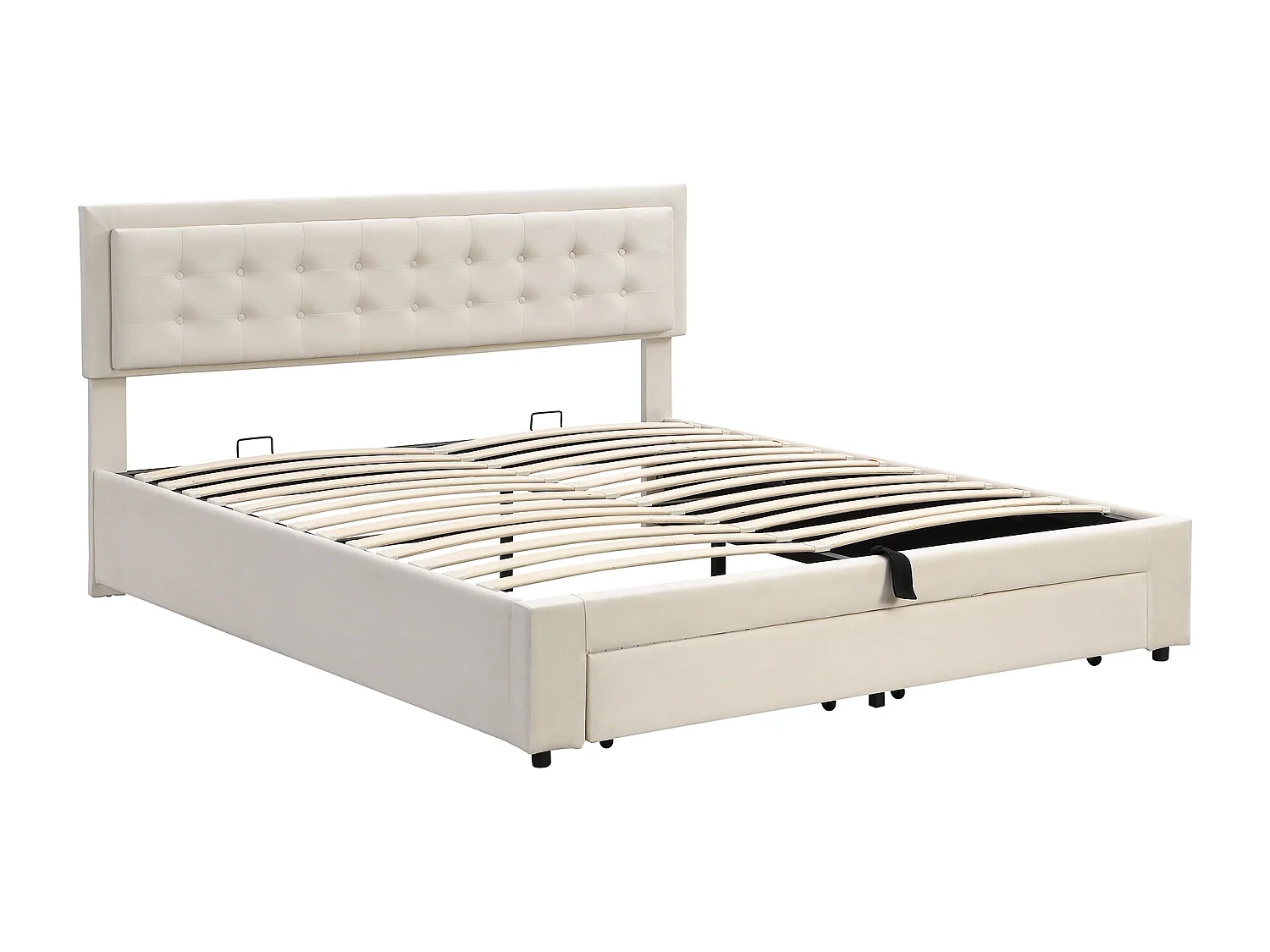 Lit rembourré avec sommier à lattes et tête de lit, Lit de rangement, Hydraulique, avec 2 tiroirs, support de lattes en bois,160x200 cm,beige,Sans matelas