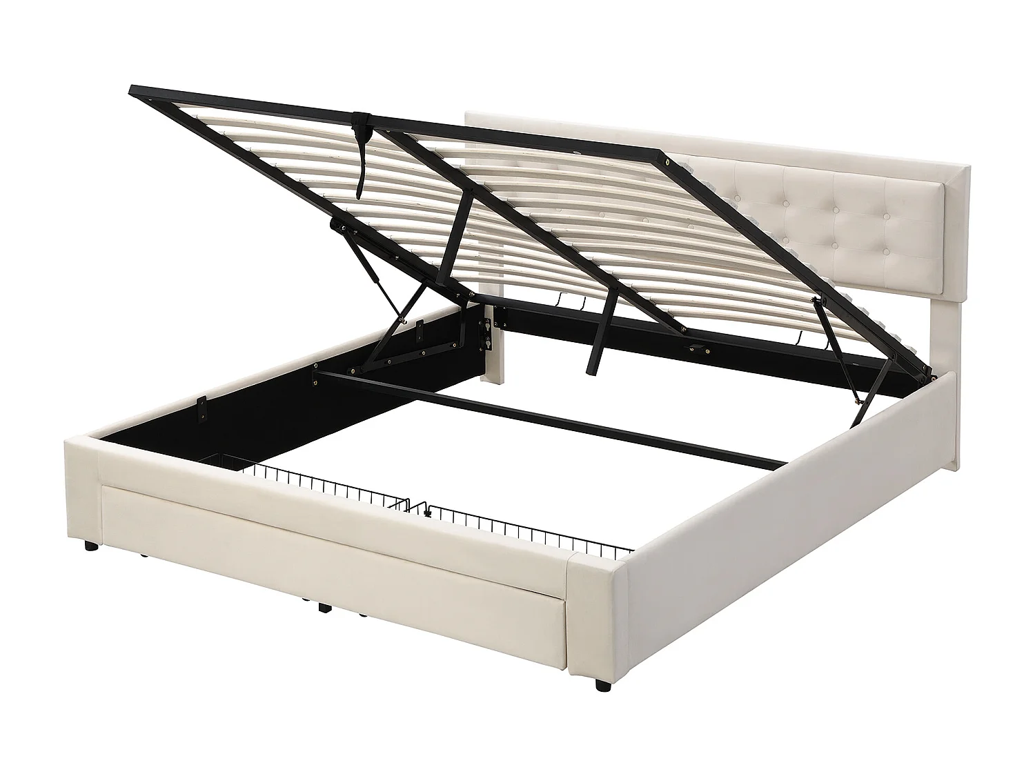 Lit rembourré avec sommier à lattes et tête de lit, Lit de rangement, Hydraulique, avec 2 tiroirs, support de lattes en bois,160x200 cm,beige,Sans matelas