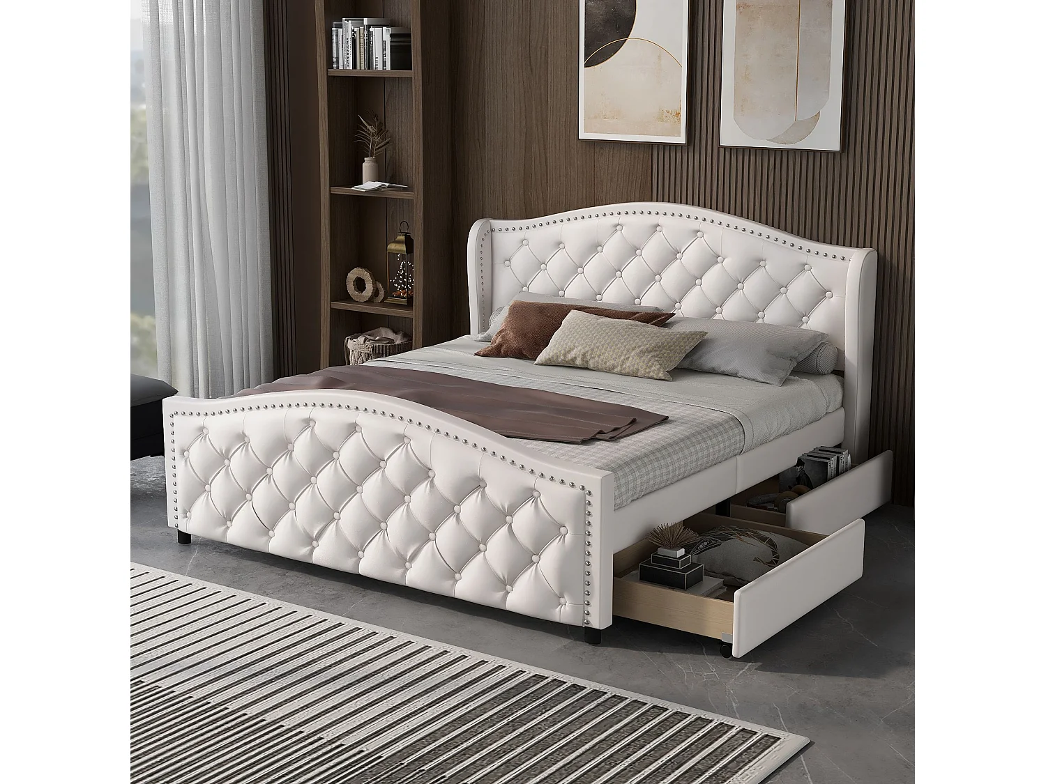 Gestoffeerd bed met lattenbodem en hoofdeinde,Extra bed voor tieners,2 lades en hoofdeinde met klinknagels,houten lattenbodem,160 x 200 cm,Wit,Zonder matras